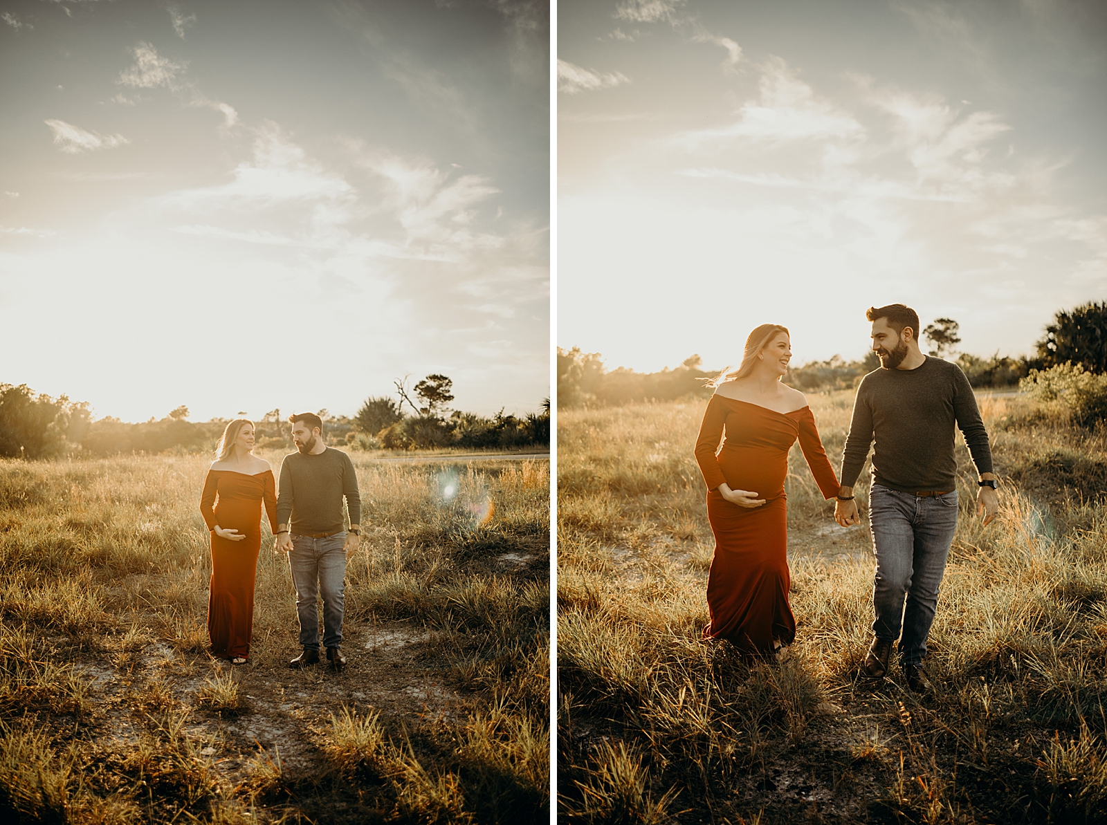 Husband and pregnant wife holding hands walking on field Johnathan Dickinson Park Maternity Photography captured by South Florida Family Photographer Maggie Alvarez Photography