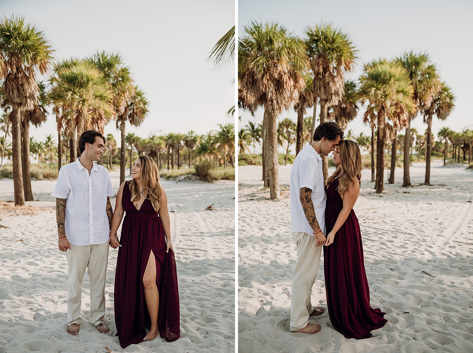 Couple holding hands and nuzzling on the sand Key Biscayne Beach Engagement Photography captured by South Florida Family Photographer Maggie Alvarez Photography