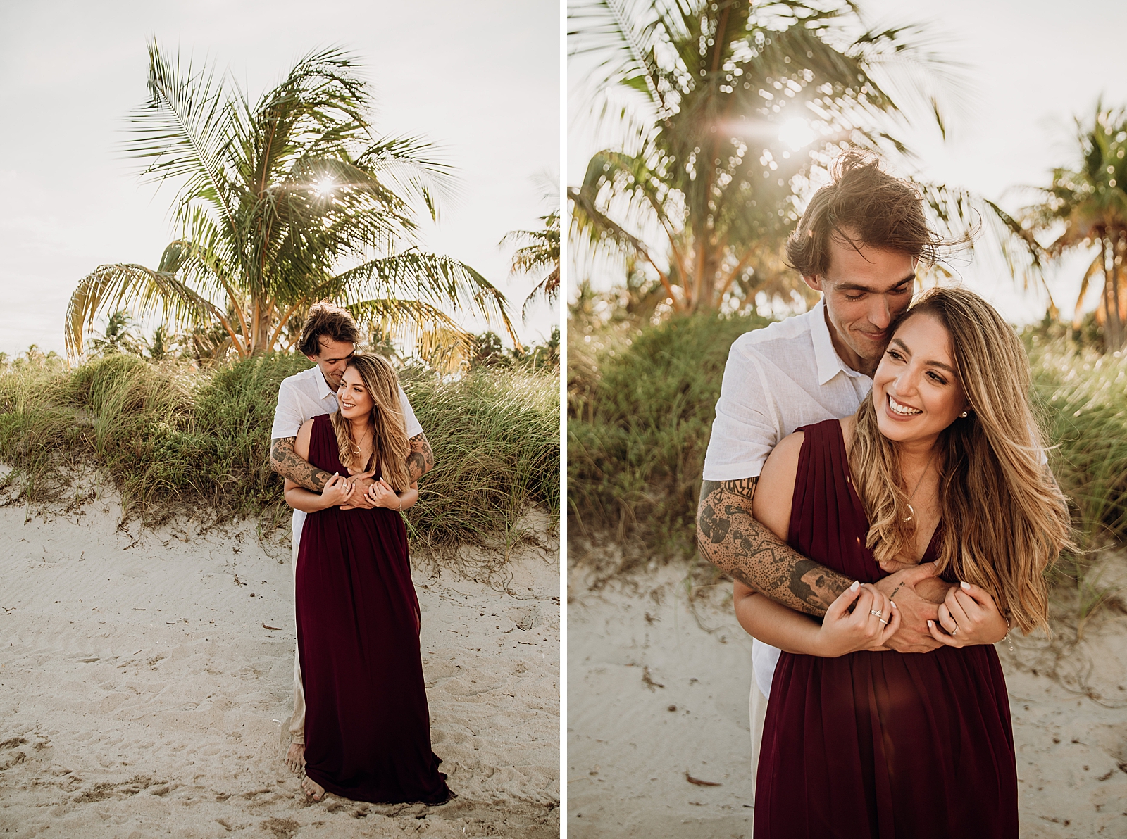 Man wrapping arms around lady on the beach Key Biscayne Beach Engagement Photography captured by South Florida Family Photographer Maggie Alvarez Photography