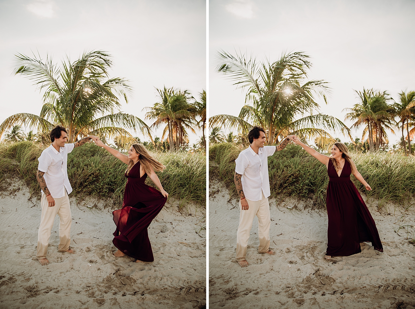 Couple pirouetting on the sand Key Biscayne Beach Engagement Photography captured by South Florida Family Photographer Maggie Alvarez Photography
