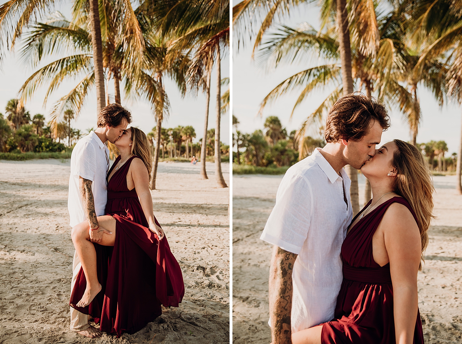 Couple kissing with man lifting lady's leg up on the sand Key Biscayne Beach Engagement Photography captured by South Florida Family Photographer Maggie Alvarez Photography