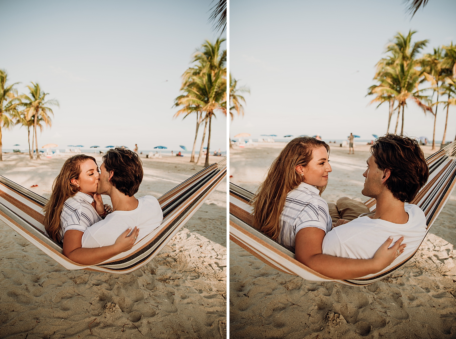 Couple laying back and kissing on hammock Key Biscayne Beach Engagement Photography captured by South Florida Family Photographer Maggie Alvarez Photography