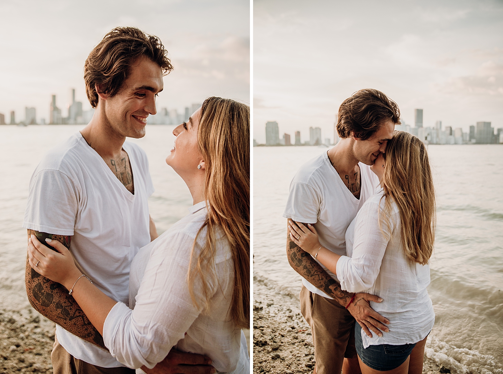 Couple looking at each other and nuzzling on the beach in front of the water Key Biscayne Beach Engagement Photography captured by South Florida Family Photographer Maggie Alvarez Photography