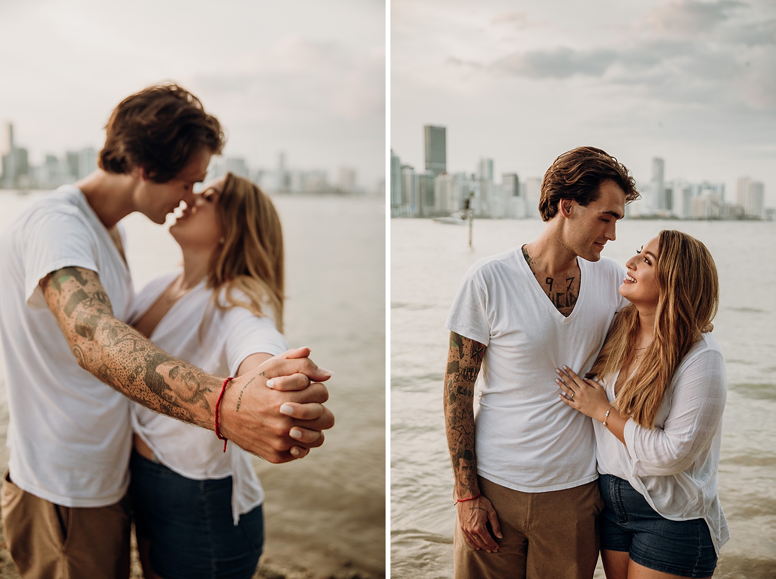 Couple about to kiss and extending their arm holding their hands Key Biscayne Beach Engagement Photography captured by South Florida Family Photographer Maggie Alvarez Photography