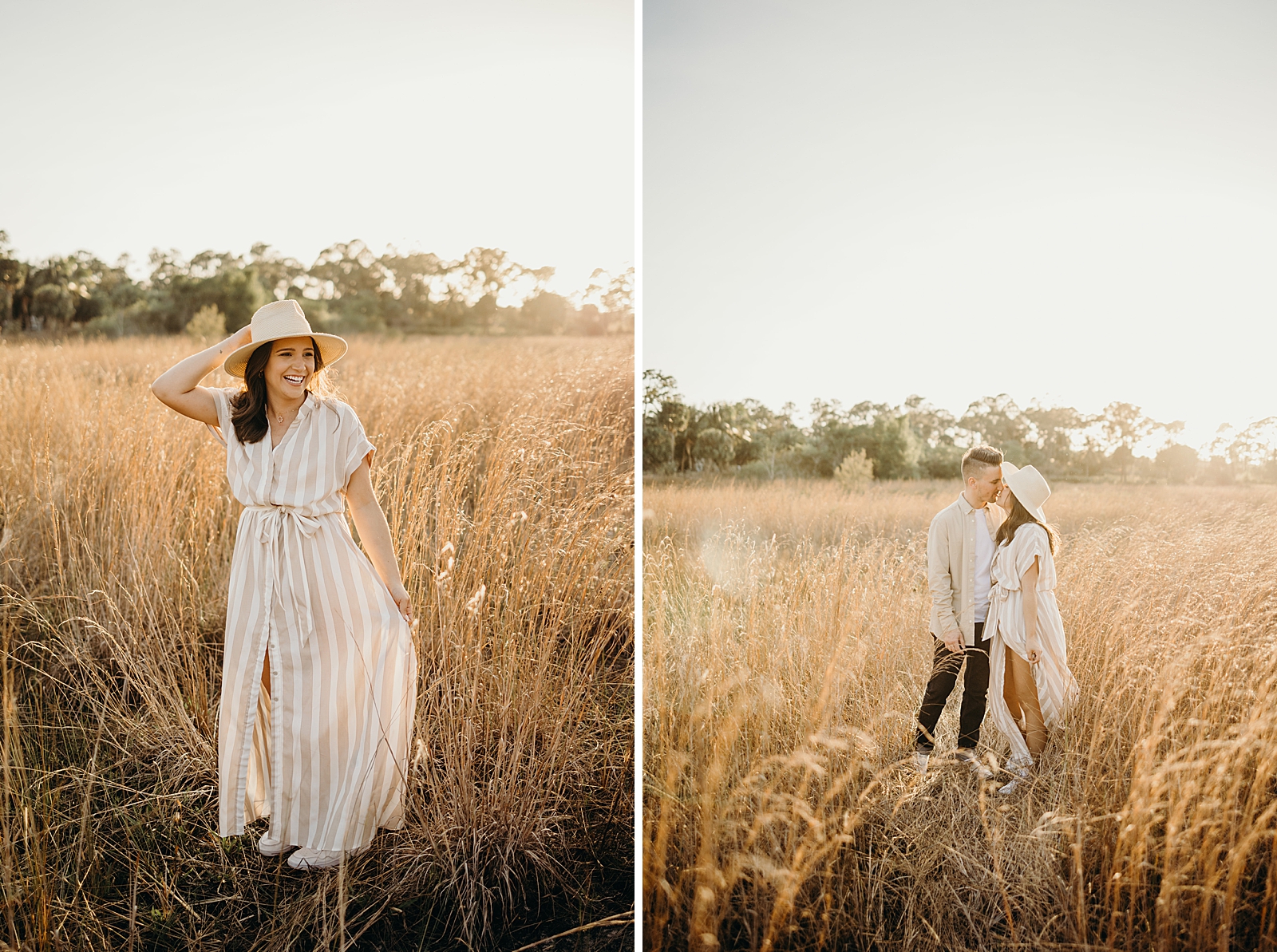 Woman standing in dried tall grass field with summer hat on Royal Palm Nature Preserve Engagement Photography captured by South Florida Engagement Photographer Maggie Alvarez Photography