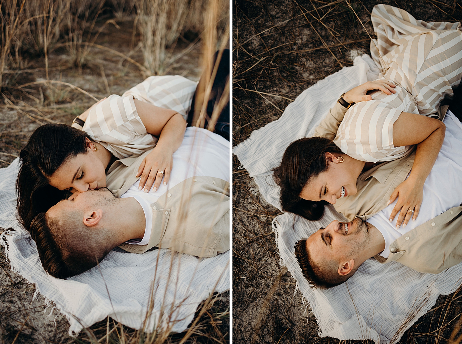 Couple laying down kissing and cuddling together Royal Palm Nature Preserve Engagement Photography captured by South Florida Engagement Photographer Maggie Alvarez Photography