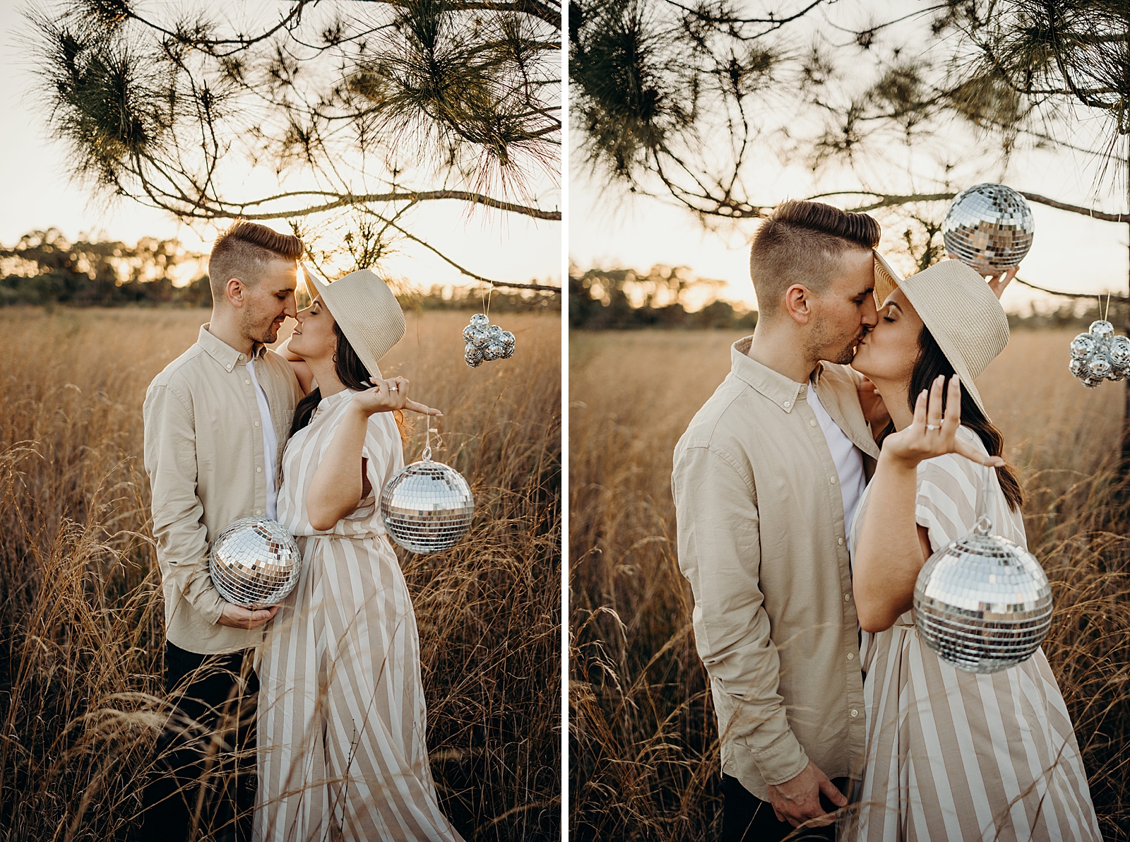 Couple holding each other and kissing with disco ball ornaments Royal Palm Nature Preserve Engagement Photography captured by South Florida Engagement Photographer Maggie Alvarez Photography