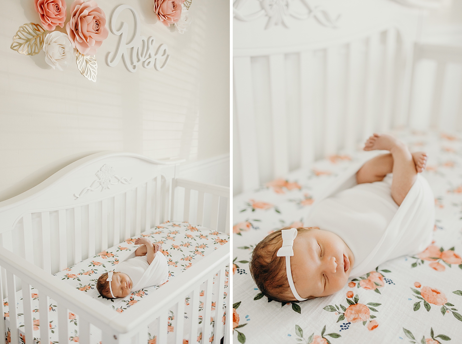 Baby sleeping in flower crib in stylized white infant room South Florida Newborn Photography Photography captured by South Florida Family Photographer Maggie Alvarez Photography