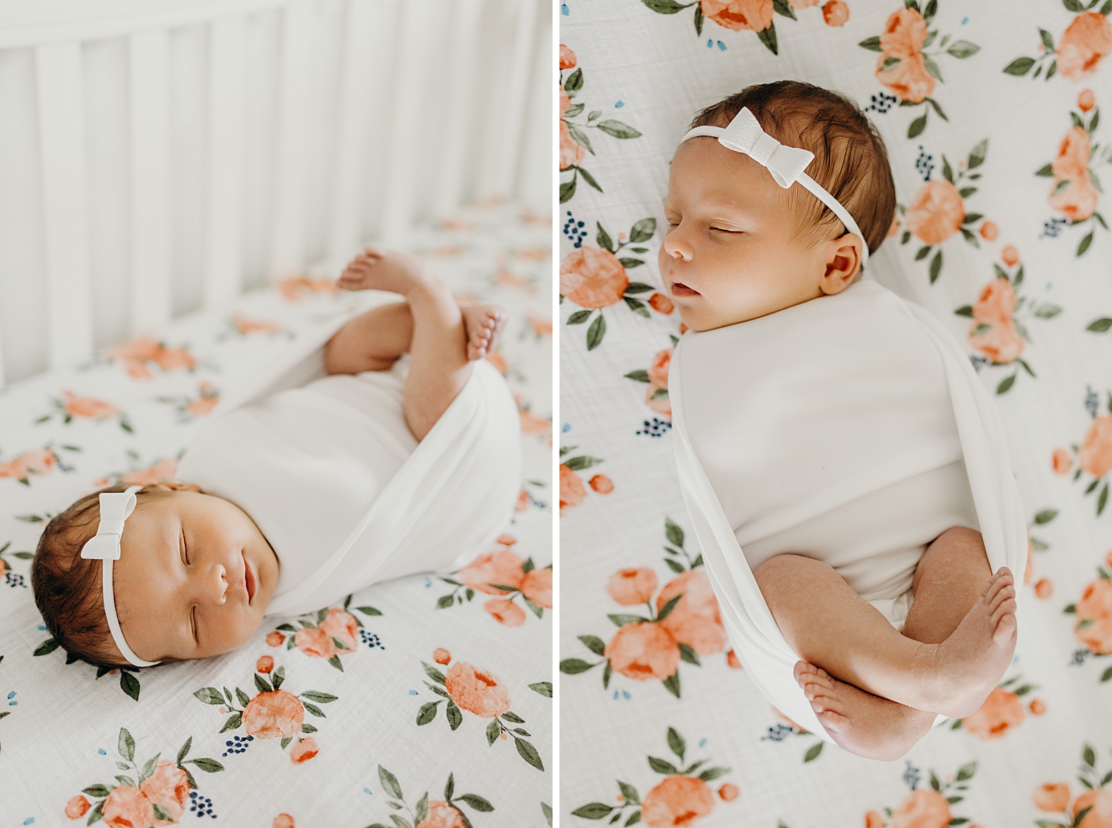 Baby smiling in their sleep on flower mattress South Florida Newborn Photography Photography captured by South Florida Family Photographer Maggie Alvarez Photography