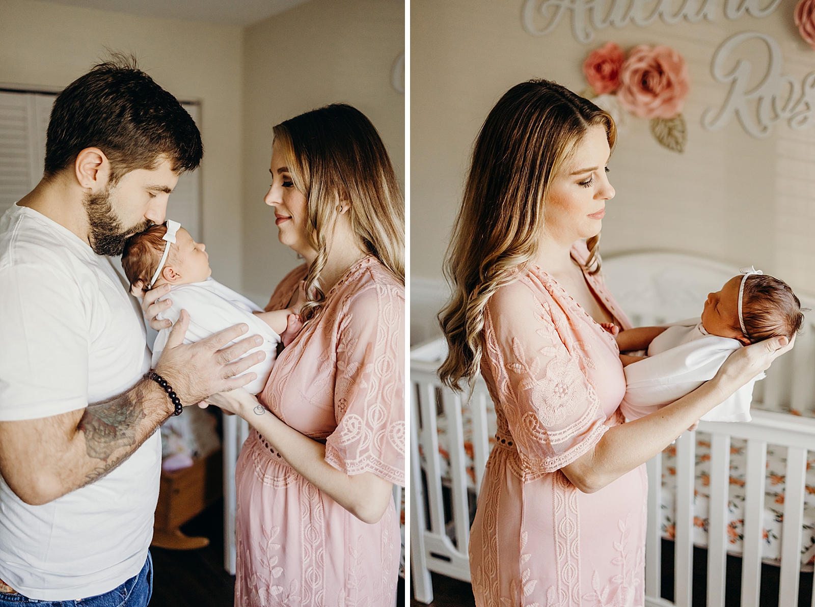 Parents passing their baby with Dad kissing toddler on the head and mother holding her baby girl South Florida Newborn Photography Photography captured by South Florida Family Photographer Maggie Alvarez Photography