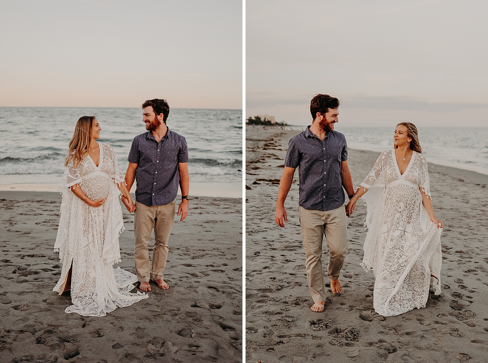 Couple holding hands and strolling on the beach Spanish River Park Maternity Photography captured by South Florida Family Photographer Maggie Alvarez Photography