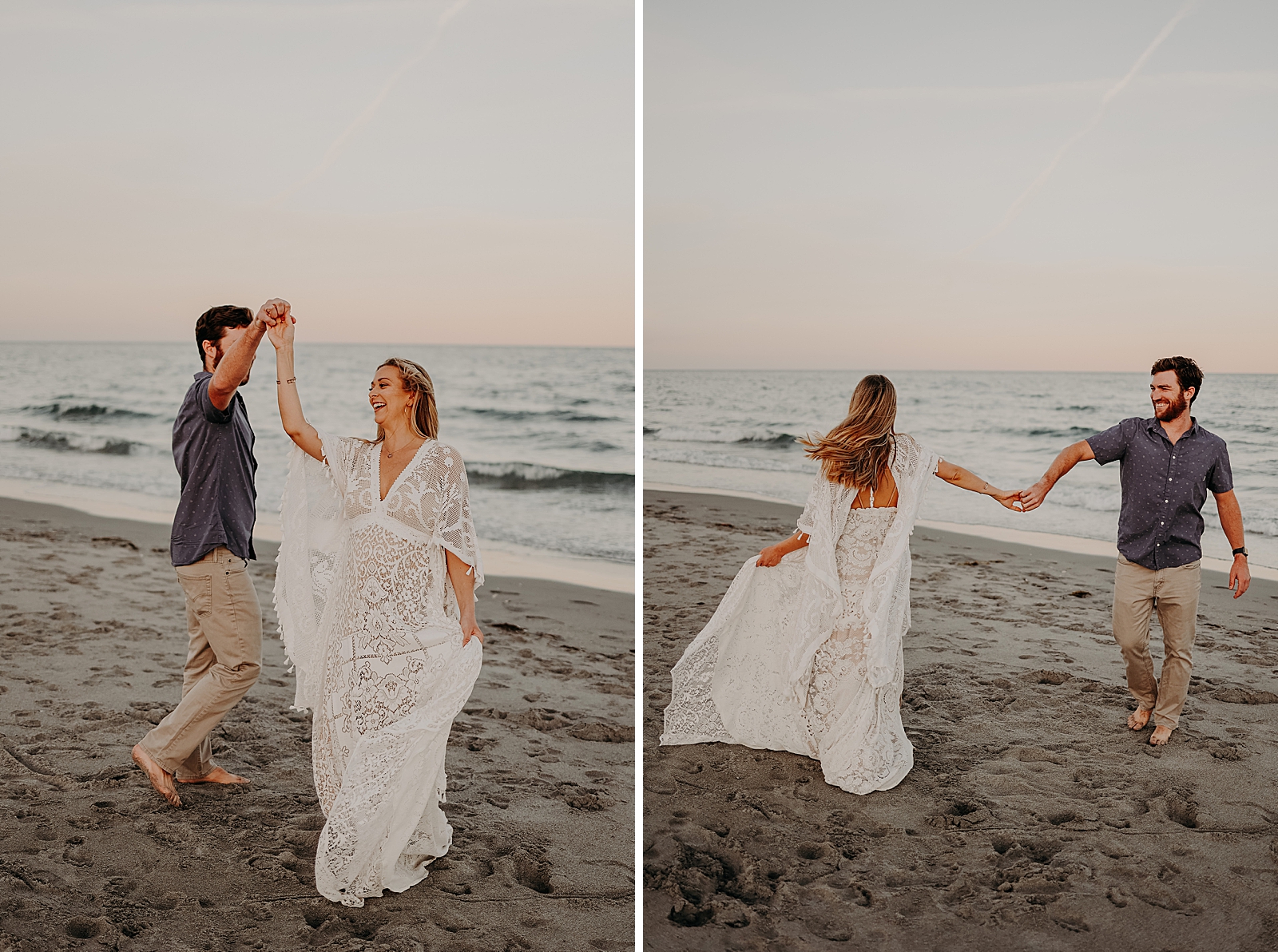Husband and pregnant wife pirouetting on the beach Spanish River Park Maternity Photography captured by South Florida Family Photographer Maggie Alvarez Photography