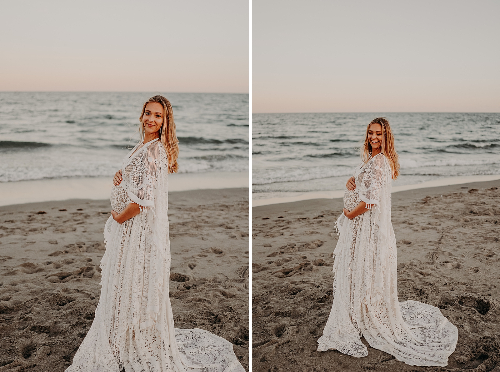 Pregnant woman holding baby bump on the sand of the beach in front of the ocean Spanish River Park Maternity Photography captured by South Florida Family Photographer Maggie Alvarez Photography
