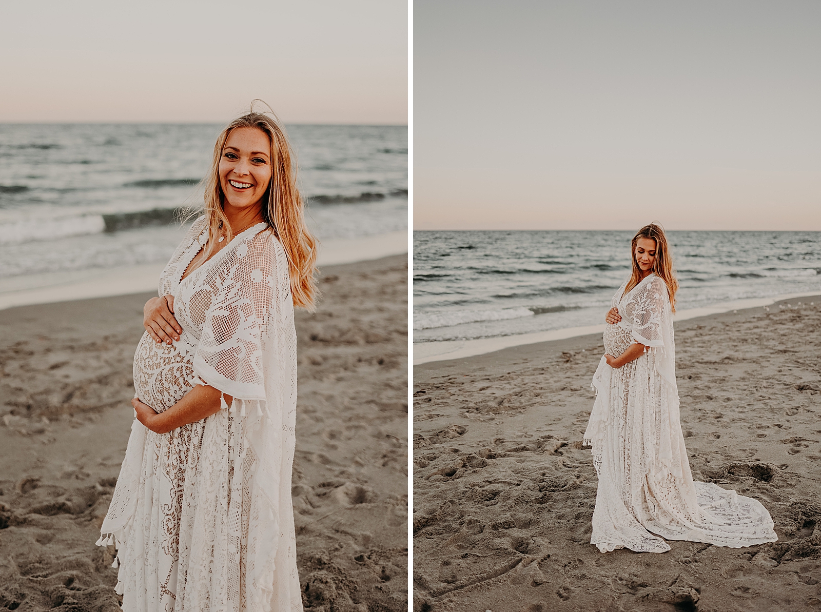 Pregnant woman standing on the beach holding her stomach Spanish River Park Maternity Photography captured by South Florida Family Photographer Maggie Alvarez Photography