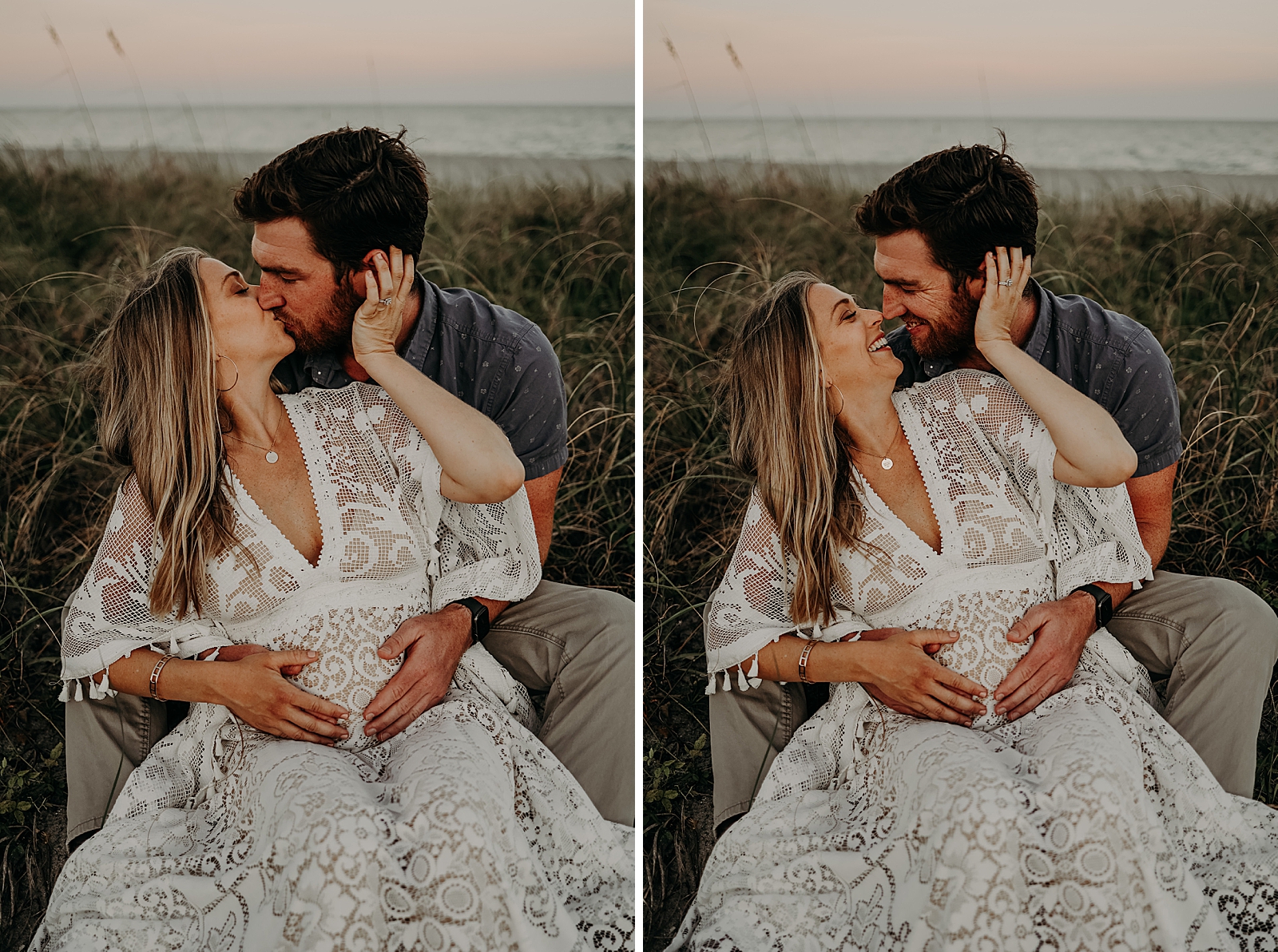 Husband and wife kissing while holding pregnant stomach Spanish River Park Maternity Photography captured by South Florida Family Photographer Maggie Alvarez Photography