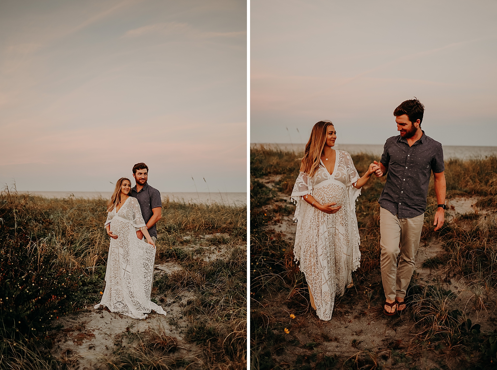 Pregnant couple holding each other and walking on the sand Spanish River Park Maternity Photography captured by South Florida Family Photographer Maggie Alvarez Photography