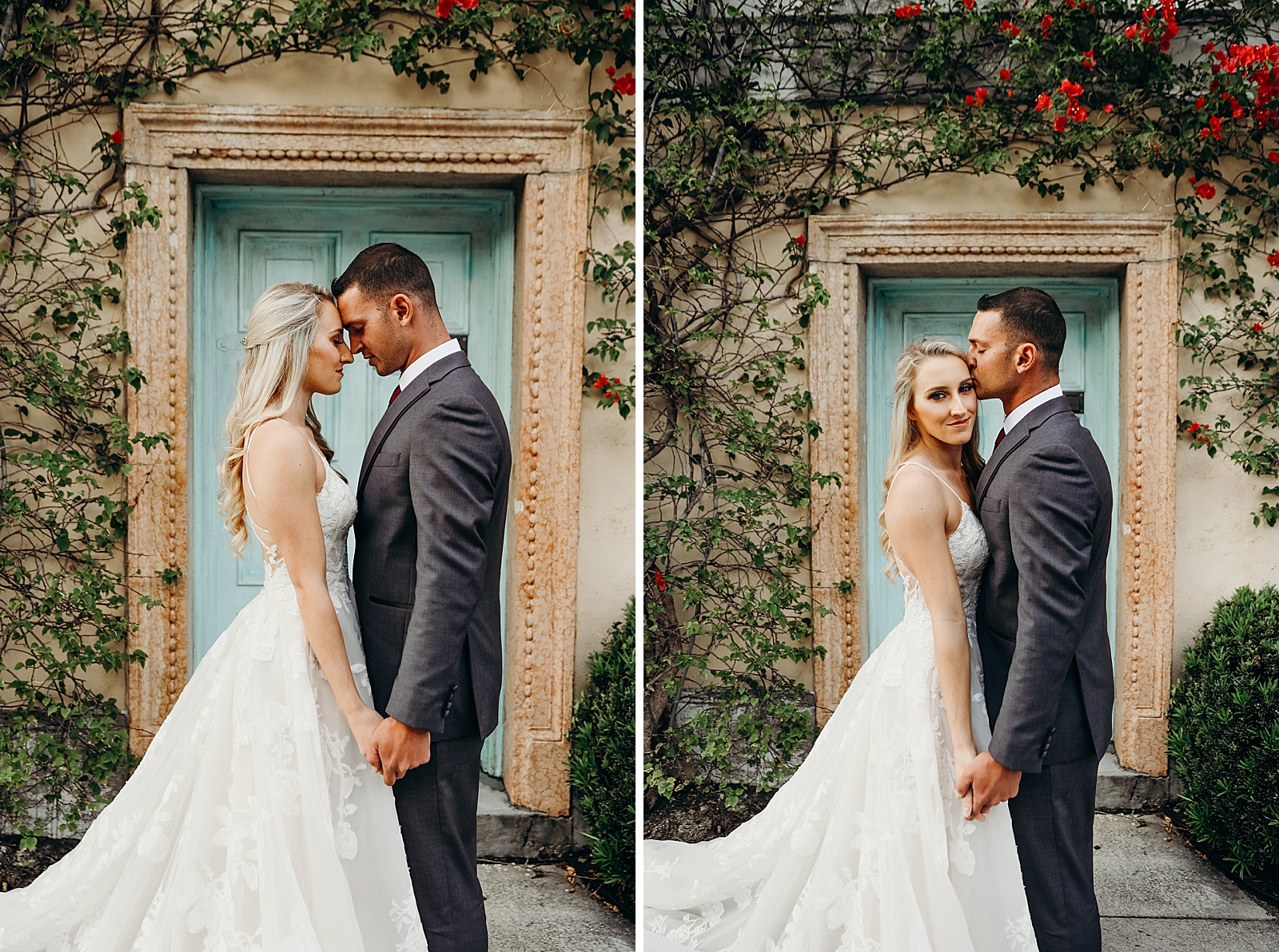Man kisses woman on side of head in front of house Worth Avenue Bridal Photography captured by South Florida Engagement Photographer Maggie Alvarez Photography