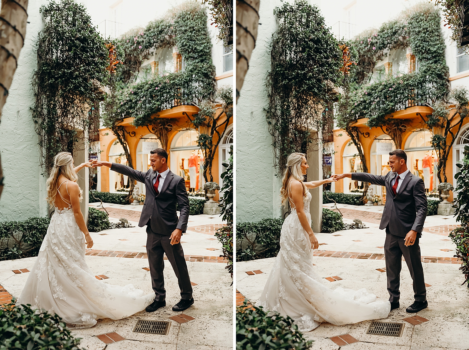 Couple pirouetting in courtyard Worth Avenue Bridal Photography captured by South Florida Engagement Photographer Maggie Alvarez Photography