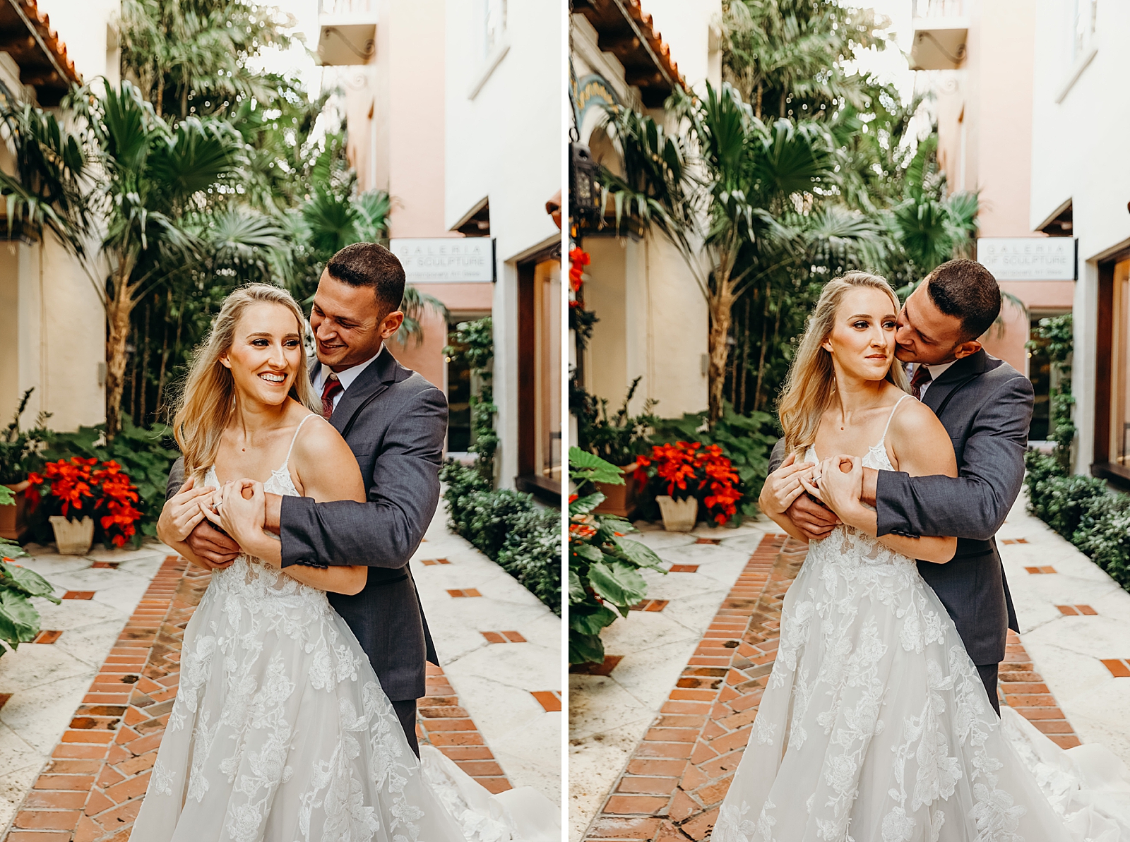 Man wrapping his arms around woman and kissing her Worth Avenue Bridal Photography captured by South Florida Engagement Photographer Maggie Alvarez Photography
