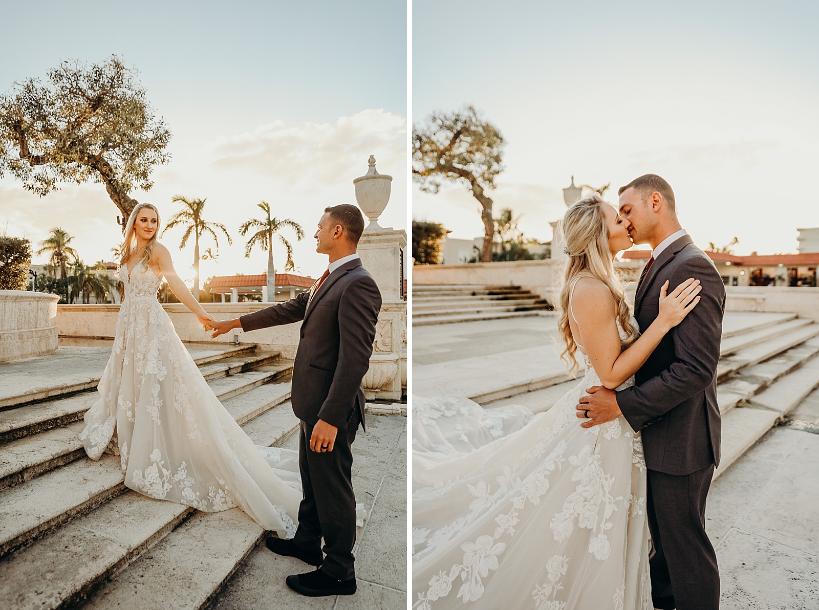 Woman holding man's hand leading him up stairs Worth Avenue Bridal Photography captured by South Florida Engagement Photographer Maggie Alvarez Photography