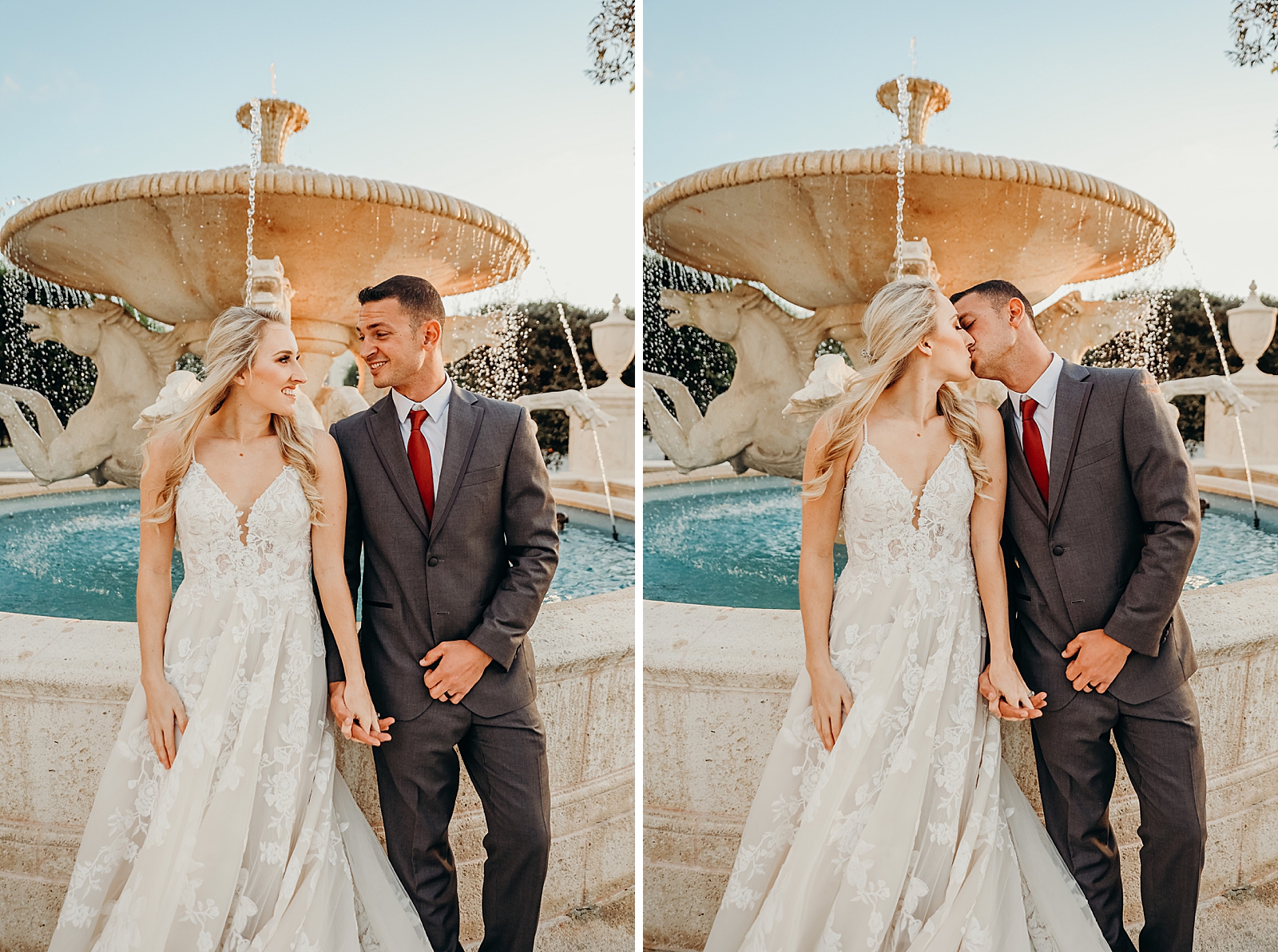 Couple holding hands in front of water fountain and kissing Worth Avenue Bridal Photography captured by South Florida Engagement Photographer Maggie Alvarez Photography