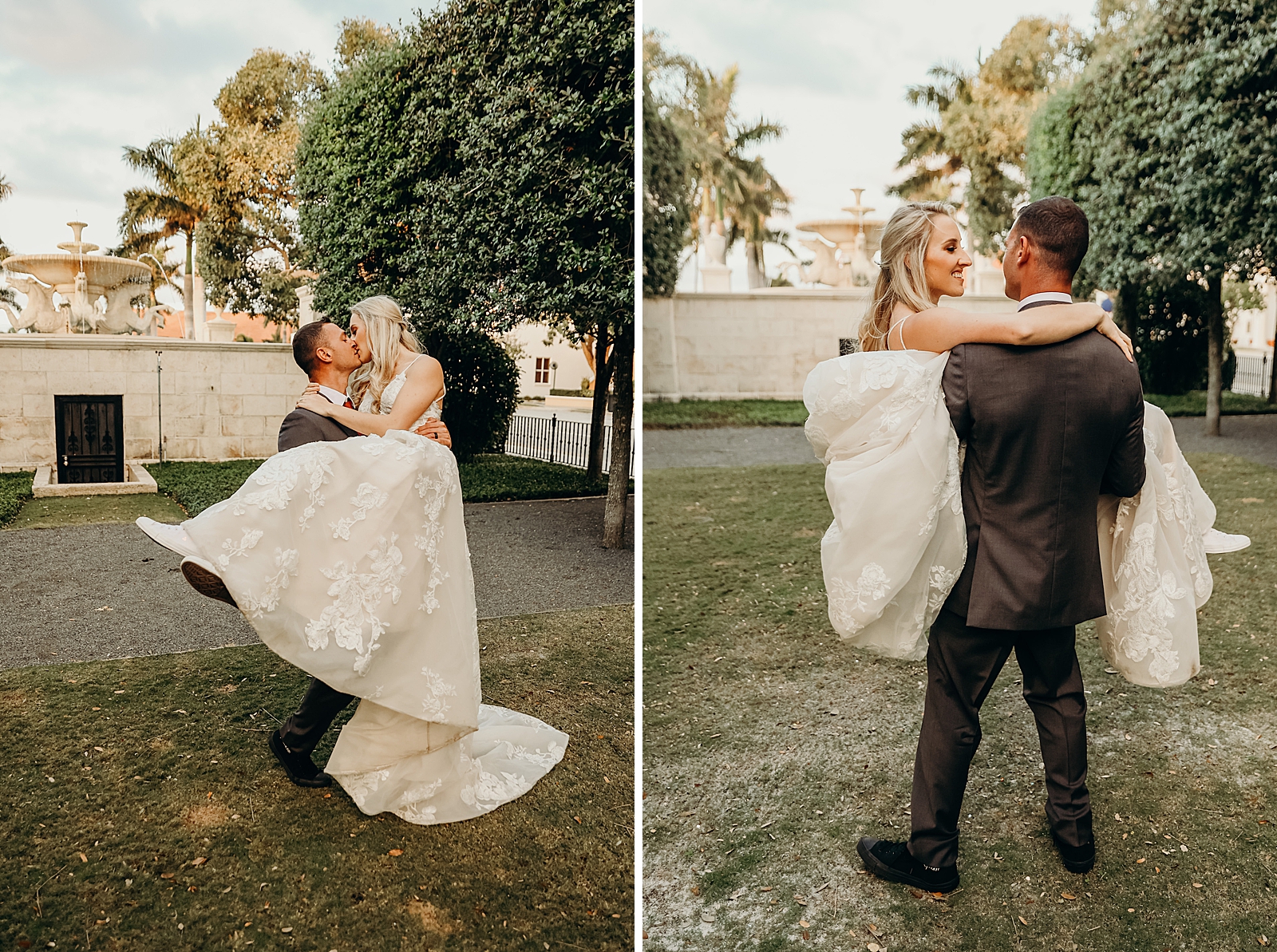 Man holding lady in arms and kissing her Worth Avenue Bridal Photography captured by South Florida Engagement Photographer Maggie Alvarez Photography