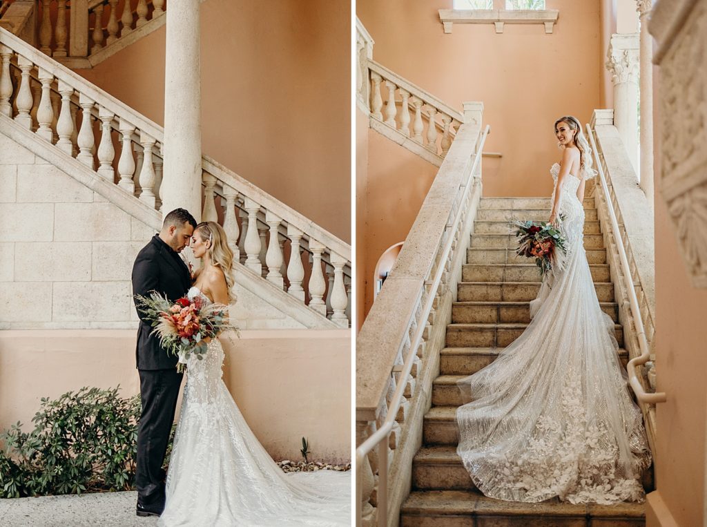 Bride and Groom resting their heads on each other and Bride with long train on the staircase