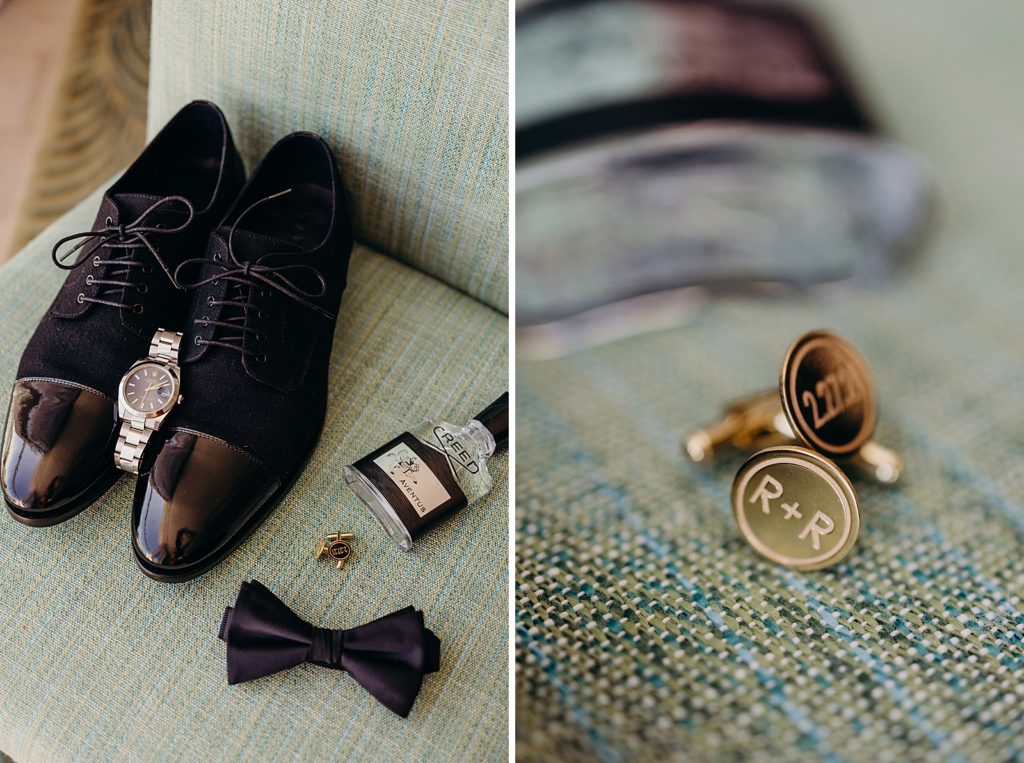 Detail shot of Groom's shoes watch and bow tie with cuff links