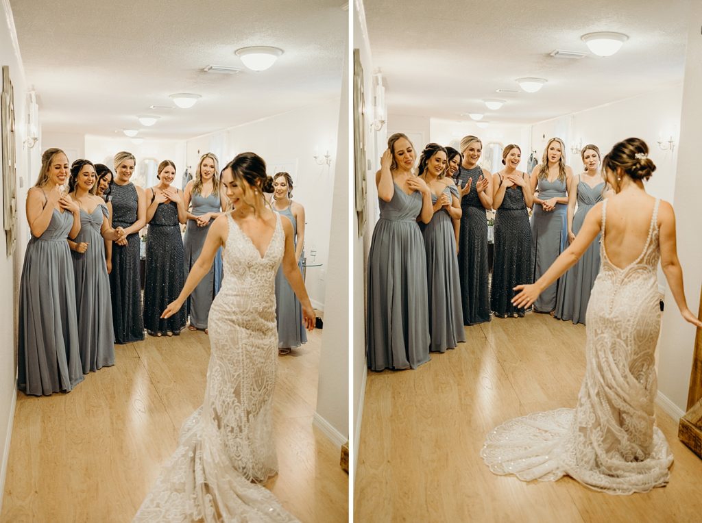 Bridesmaids reacting to Bride after getting ready