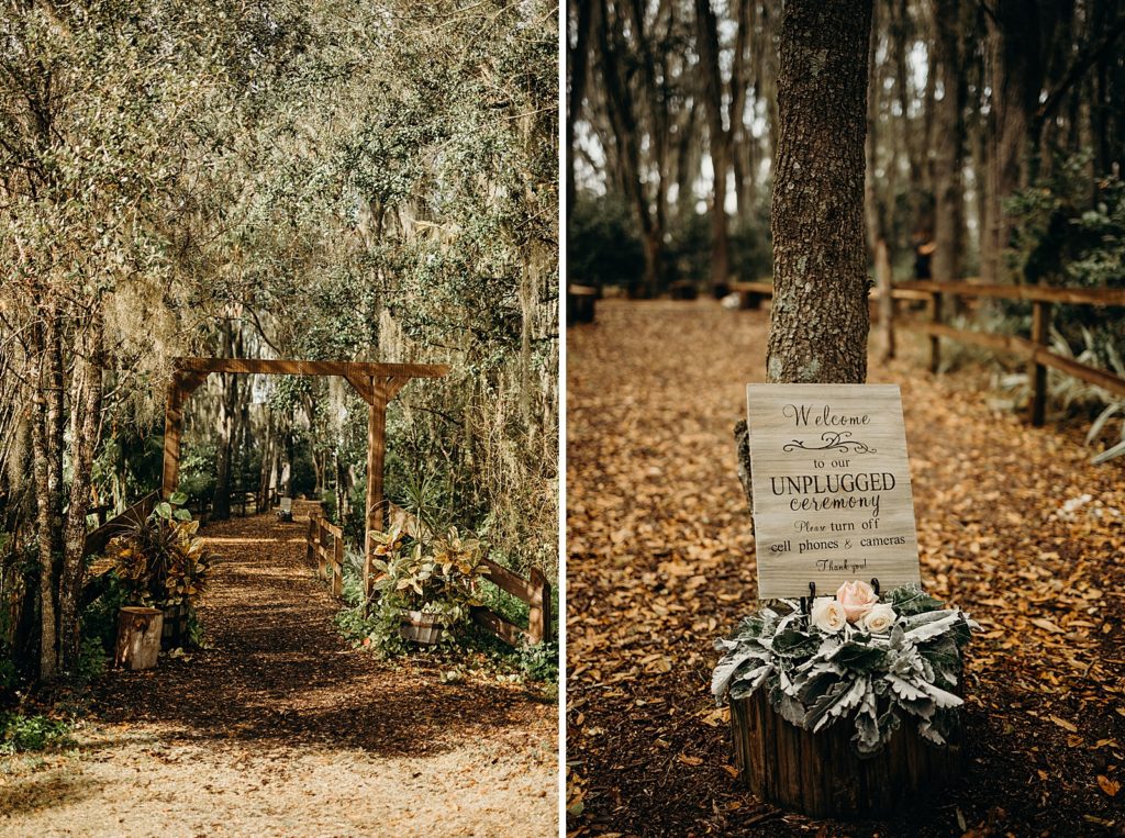 Detail shot of Wooden wedding arch and unplugged ceremony sign