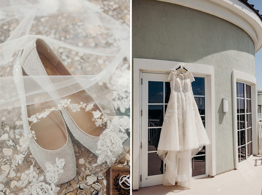 Wedding shoes under see through veil and wedding dress hanging on coat hanger Detail shots