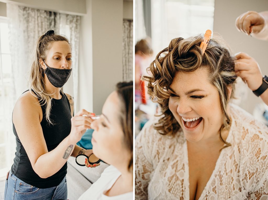 Makeup artist doing makeup for Bride and Bride getting hair done by hair stylist Getting Ready
