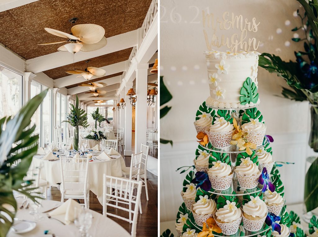 Detail shot of Reception tables and tropical Wedding cake with cupcakes
