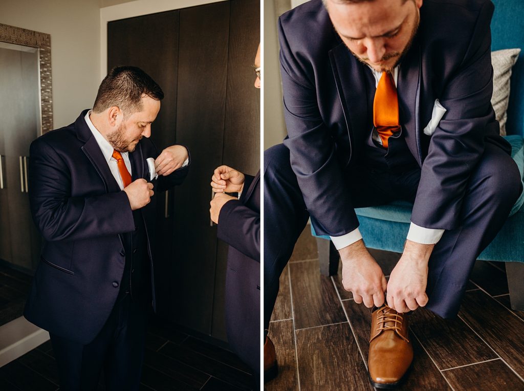 Groom getting ready putting oon dress shoes