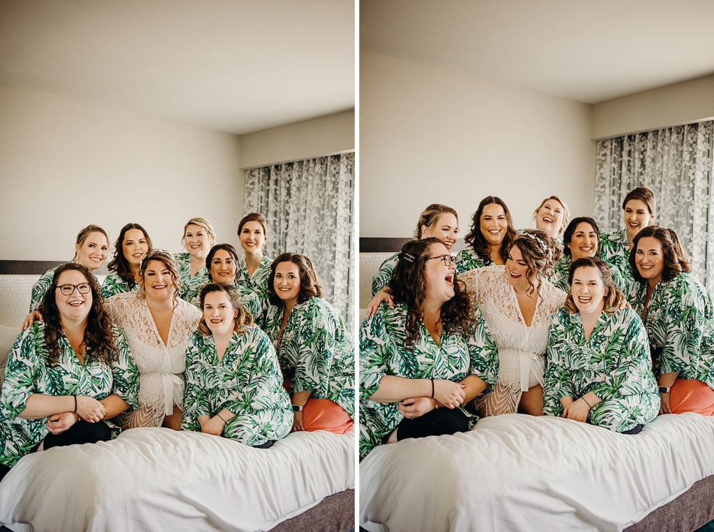 Bride and Bridesmaids before getting ready in tropical robes