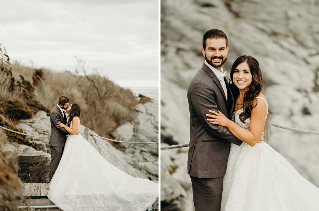 Bride and Groom kissing by the rocky cliffside