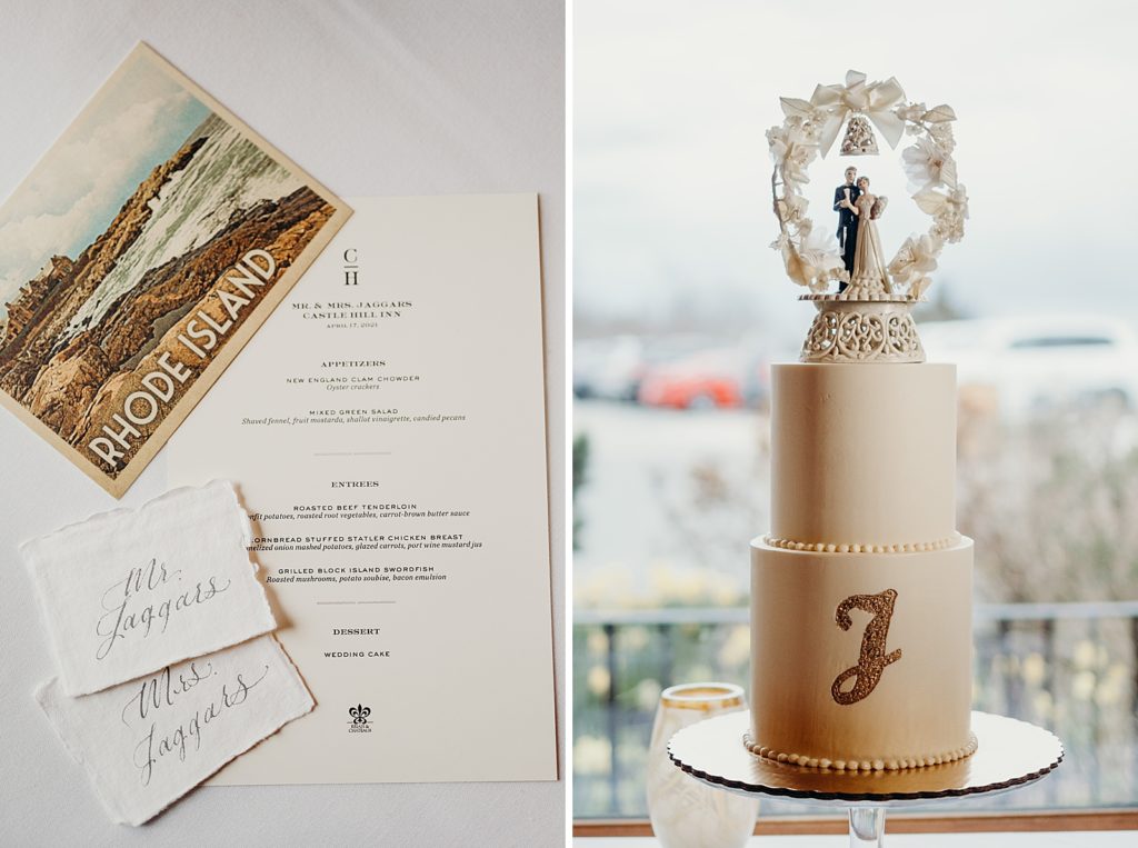 Detail shot of menu and classic old fashion wedding cake