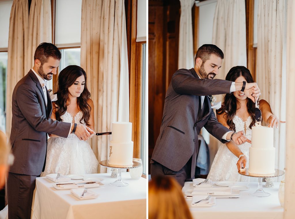 Bride and Groom cutting wedding cake together