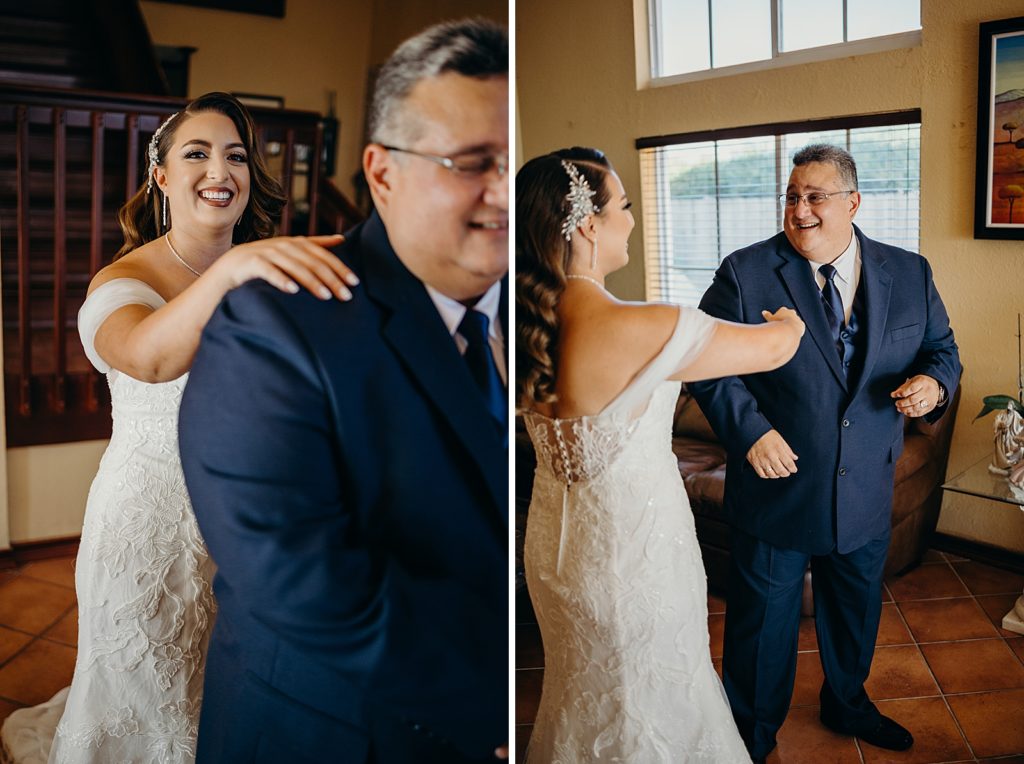 Bride tapping Father on shoulder and reaction for first look