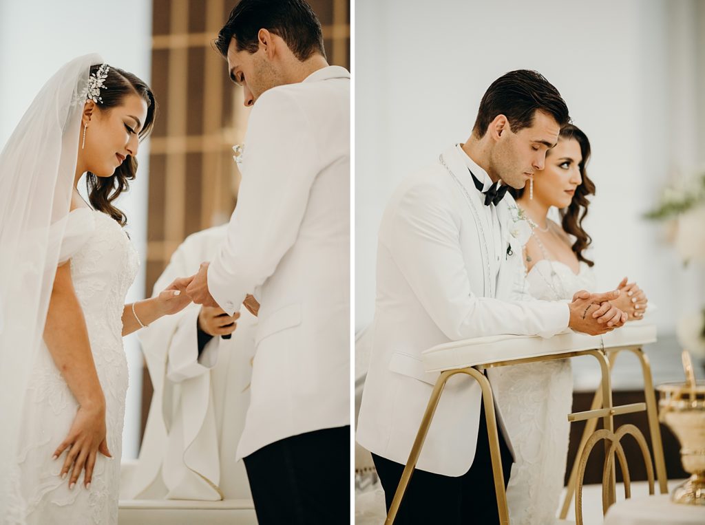 Groom putting ring on Bride's finger during Ceremony