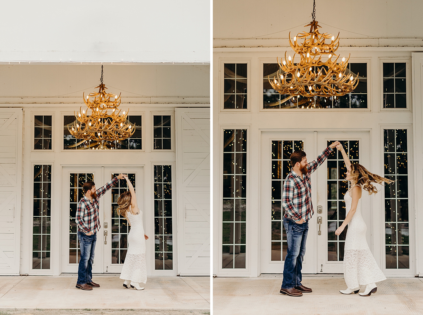 Woman twirling by holding man's hand in the air underneath antler Chandelier  