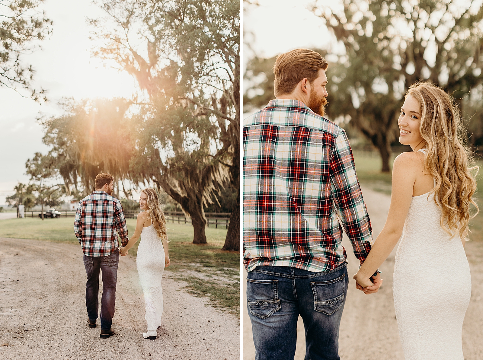 Couple holding hands and walking on dirt path path together