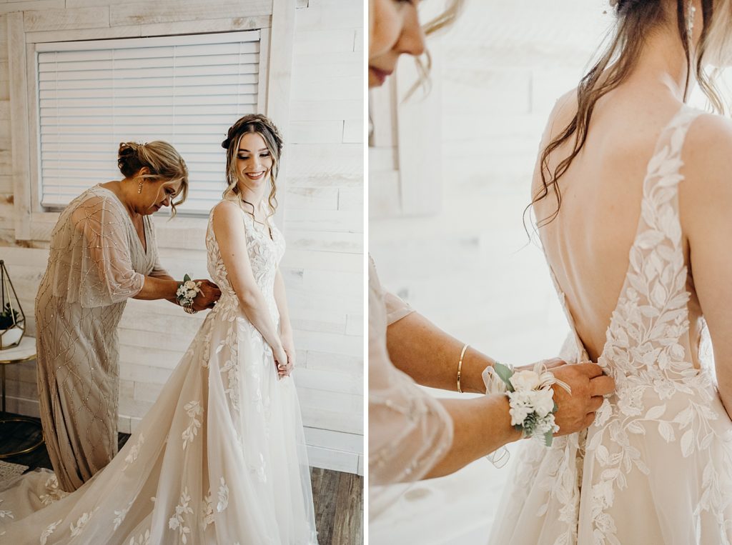 Mother helping Bride buttoning Wedding dress for Bride