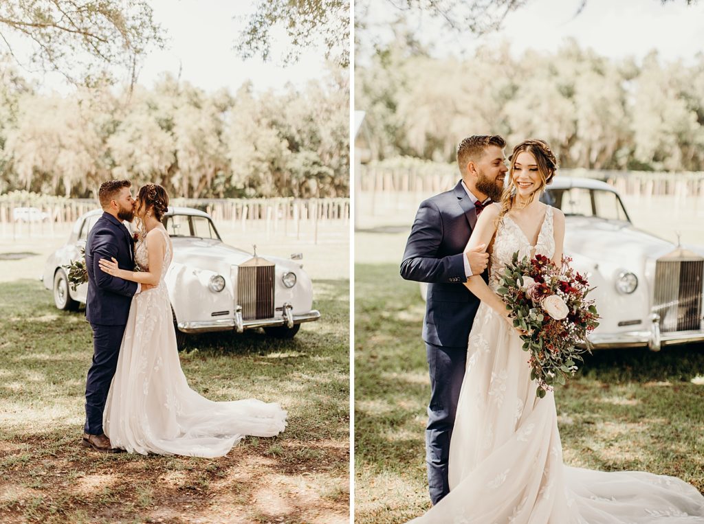 Bride and Groom kissing next to classic car after First Look