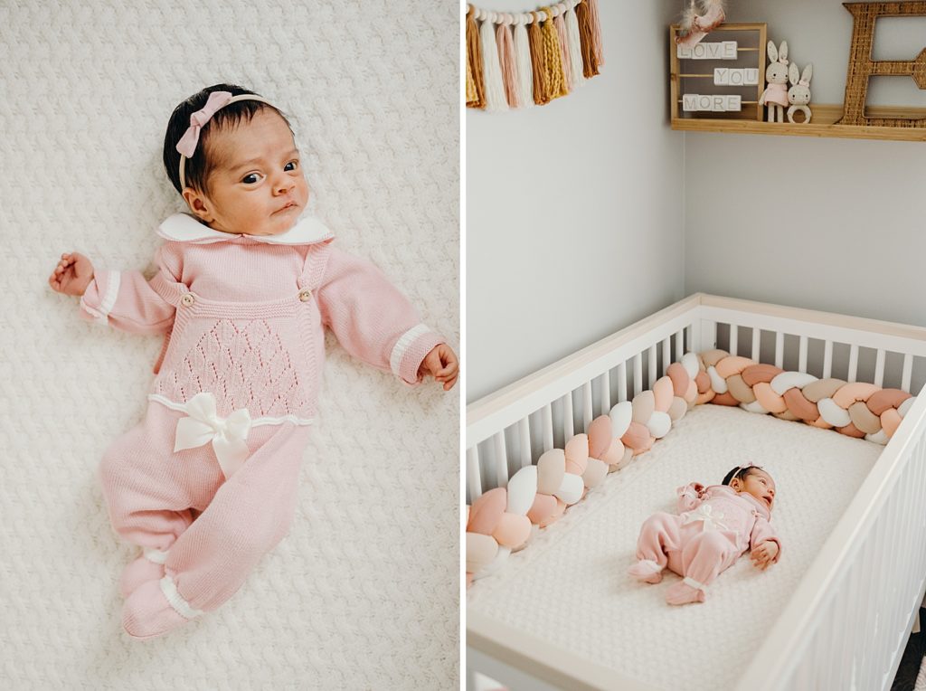 Portraits of Baby girl with pink onsie and hair band laying in cradle