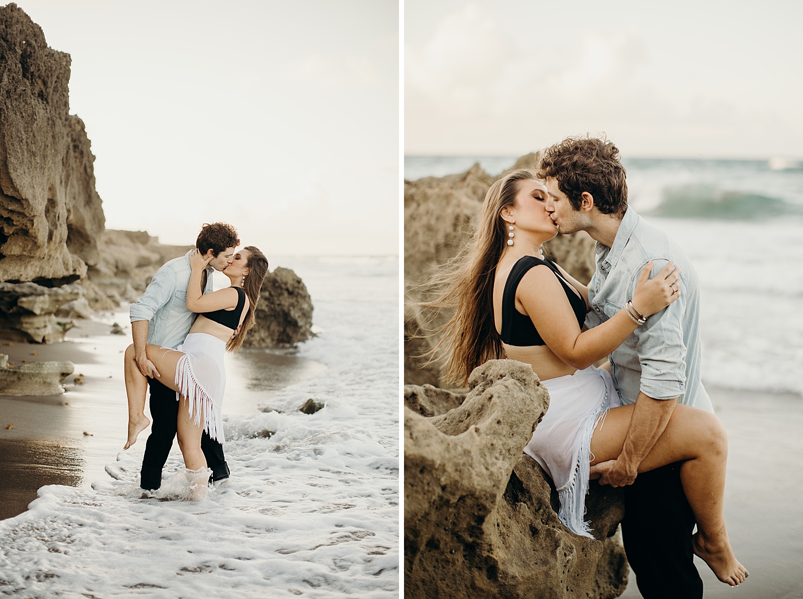 Couple kissing on the beach shoreline and leaning against naturally formed beach rock