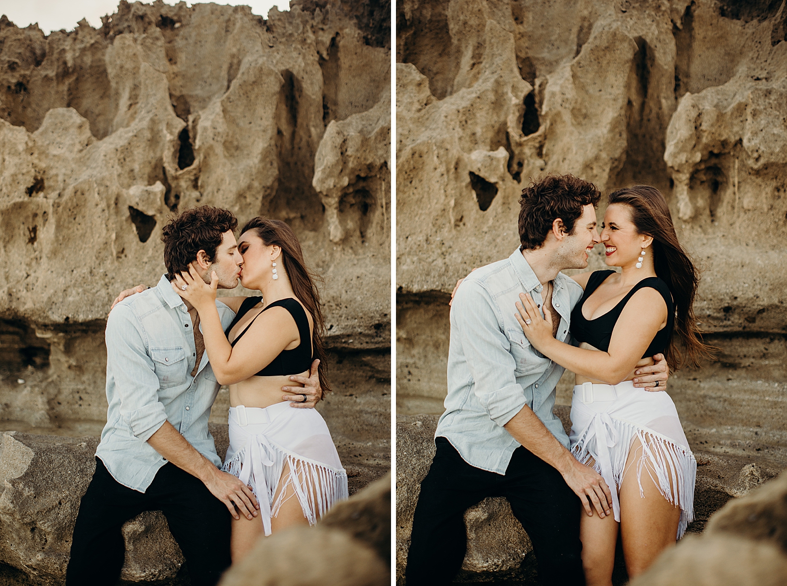 Couple sitting on textured beach rock and kissing