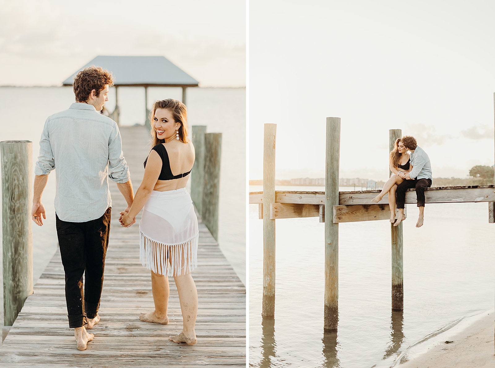 Couple holding hands and walking on wooden beach pier