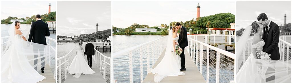Collage of a bride and groom on the dock at the Pelican Club in Jupiter, Florida, with views of the Jupiter Inlet Lighthouse. The couple shares romantic moments surrounded by waterfront views, elegant architecture, and soft golden-hour light.