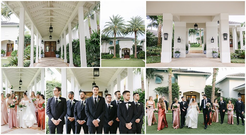 Collage of wedding party portraits at the Pelican Club in Jupiter, Florida, featuring the bride, groom, bridesmaids, and groomsmen posed and walking through the venue’s elegant covered walkway and tropical garden entrance.